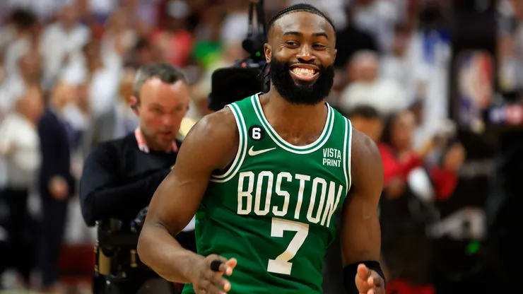 Jaylen Brown #7 of the Boston Celtics reacts to defeating the Miami Heat 104-103 in game six of the Eastern Conference Finals at Kaseya Center on May 27, 2023 in Miami, Florida.
