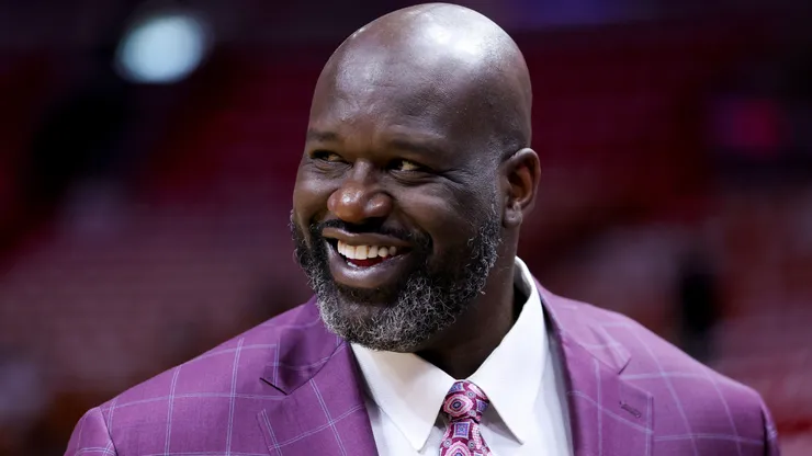 Shaquille O'Neal looks on prior to a game between the Boston Celtics and Miami Heat at Kaseya Center