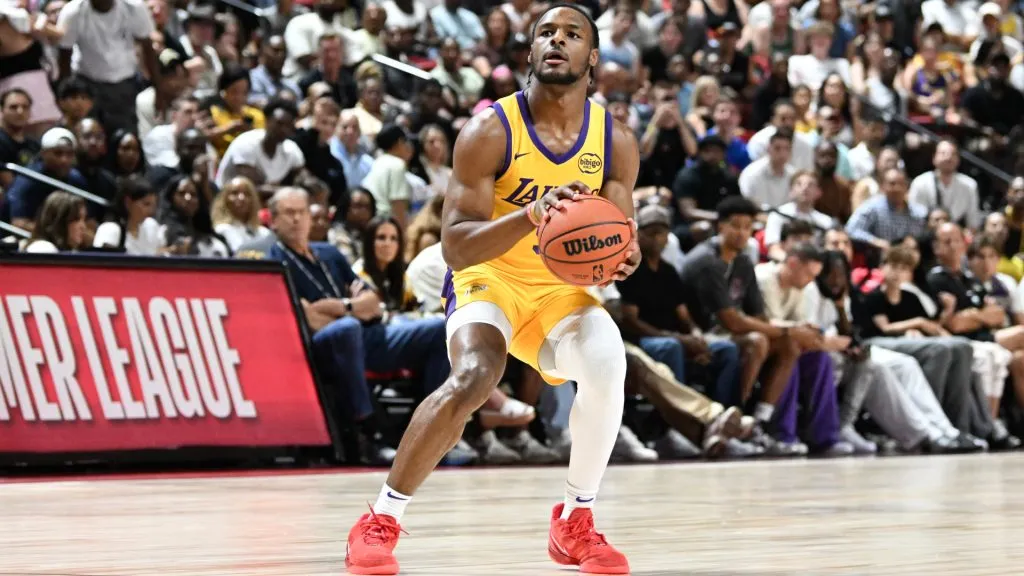 Bronny James Jr. #9 of the Los Angeles Lakers takes a shot against the Houston Rockets in the first half of a 2024 NBA Summer League game at the Thomas &amp; Mack Center. Candice Ward/Getty Images