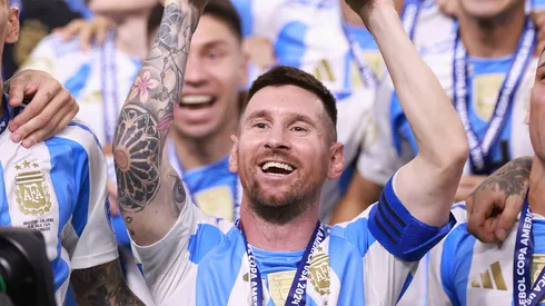 Lionel Messi of Argentina celebrates with the trophy after the team's victory in the CONMEBOL Copa America 2024 Final match between Argentina and Colombia at Hard Rock Stadium on July 15, 2024 in Miami Gardens, Florida.