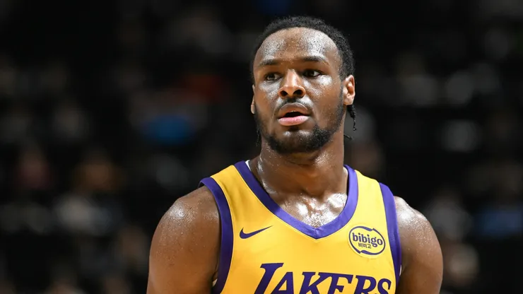 Bronny James Jr. #9 of the Los Angeles Lakers looks on against the Houston Rockets in the second half of a 2024 NBA Summer League game at the Thomas & Mack Center on July 12, 2024 in Las Vegas, Nevada.