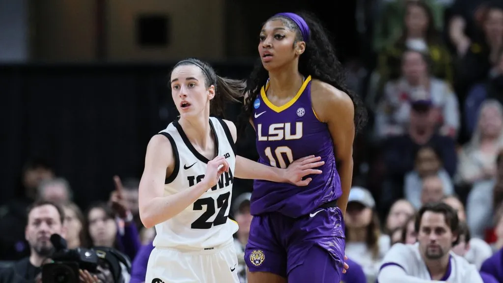 Caitlin Clark #22 of the Iowa Hawkeyes and Angel Reese #10 of the LSU Tigers during the finals of the NCAA Women’s Basketball Tournament – Albany Regional at MVP Arena on April 01, 2024 in Albany, New York. (Photo by Andy Lyons/Getty Images)