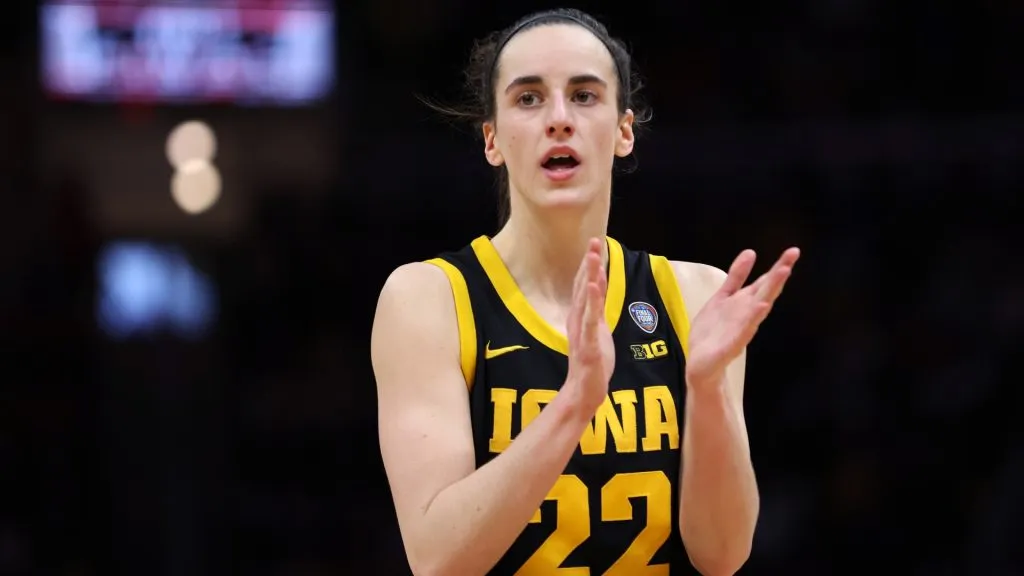 Caitlin Clark #22 of the Iowa Hawkeyes reacts in the second half during the 2024 NCAA Women’s Basketball Tournament National Championship game against the South Carolina Gamecocks at Rocket Mortgage FieldHouse on April 07, 2024 in Cleveland, Ohio. (Photo by Steph Chambers/Getty Images)