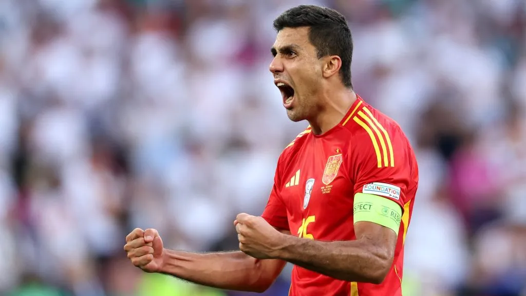 Rodri of Spain celebrates after the team’s victory in the UEFA EURO 2024 quarter-final match between Spain and Germany at Stuttgart Arena on July 05, 2024 in Stuttgart, Germany. (Photo by Carl Recine/Getty Images)