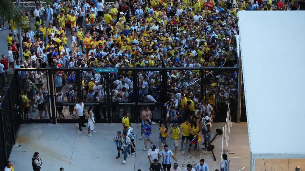 Large crowds of fans try to enter the stadium amid disturbances prior the CONMEBOL Copa America 2024 Final match between Argentina and Colombia at Hard Rock Stadium. Megan Briggs/Getty Images