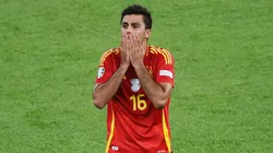 Rodri of Spain reacts as he leaves the field at half time during the UEFA EURO 2024 final match between Spain and England at Olympiastadion on July 14, 2024 in Berlin, Germany.