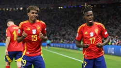 Nico Williams of Spain celebrates scoring his team's first goal with teammate Lamine Yamal during the UEFA EURO 2024 final match between Spain and England at Olympiastadion on July 14, 2024 in Berlin, Germany.