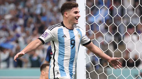 Julian Alvarez of Argentina celebrates after scoring the team's third goal during the FIFA World Cup Qatar 2022 semi final match between Argentina and Croatia at Lusail Stadium on December 13, 2022 in Lusail City, Qatar.