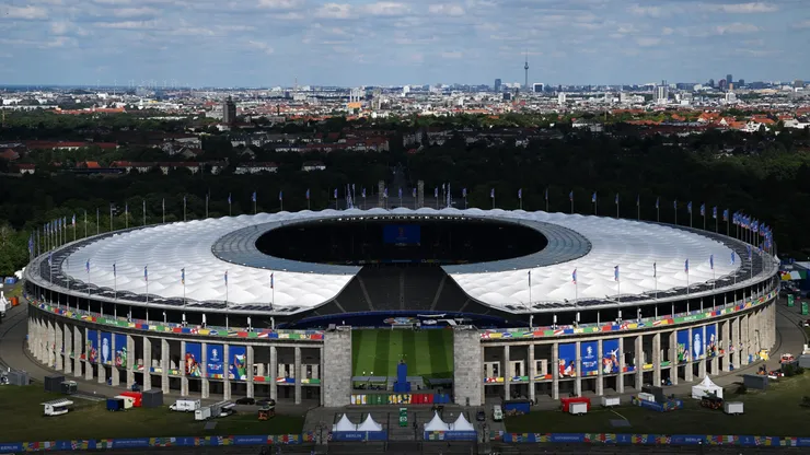 General view outside the stadium ahead of the UEFA EURO 2024 final match on July 13, 2024 in Berlin, Germany. The final match between Spain and England will be played on July 14, 2024.