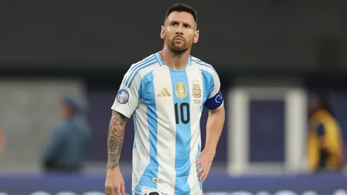 Lionel Messi of Argentina reacts during the CONMEBOL Copa America 2024 semifinal match between Canada and Argentina.