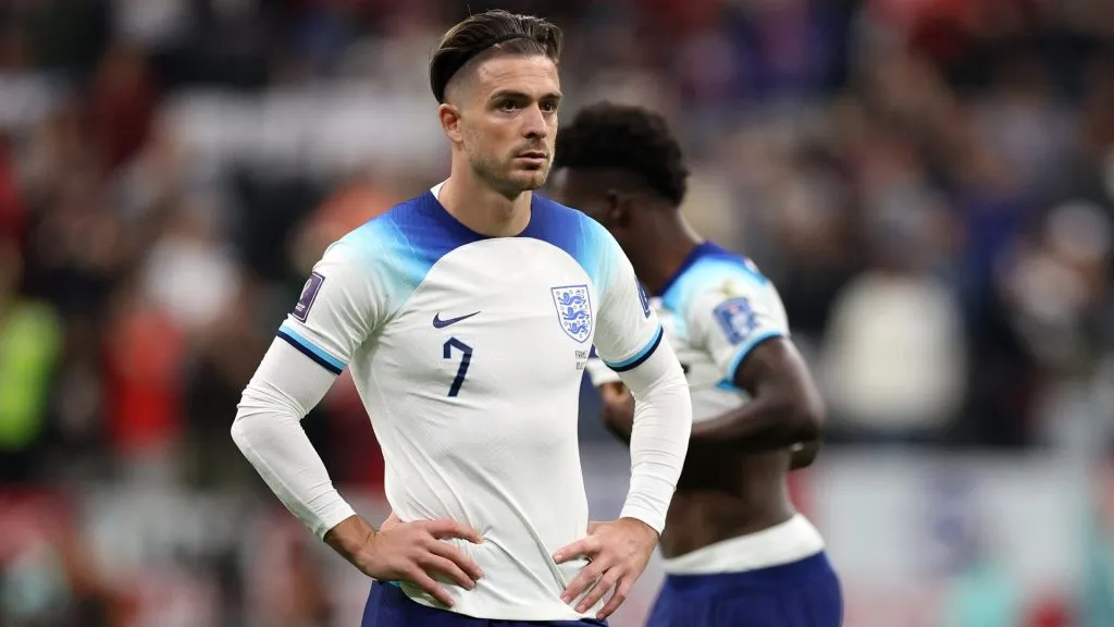 Jack Grealish of England looks dejected after their sides’ elimination from the tournament during the FIFA World Cup Qatar 2022 quarter final match between England and France at Al Bayt Stadium on December 10, 2022 in Al Khor, Qatar.