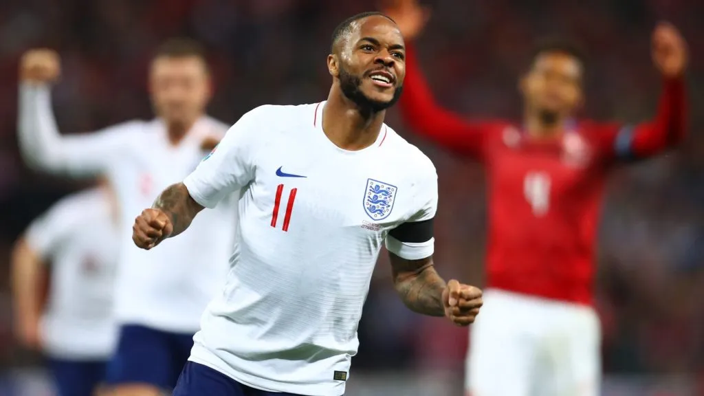 Raheem Sterling of England celebrates as he scores his teamās fourth goal and completes his hat trick during the 2020 UEFA European Championships Group A qualifying match between England and Czech Republic at Wembley Stadium on March 22, 2019 in London, United Kingdom. Photo by Clive Rose/Getty Images