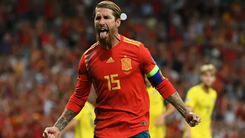 Sergio Ramos of Spain celebrates after scoring his team's first goal during the UEFA Euro 2020 qualifier match between Spain and Sweden at Bernabeu on June 10, 2019 in Madrid, Spain.