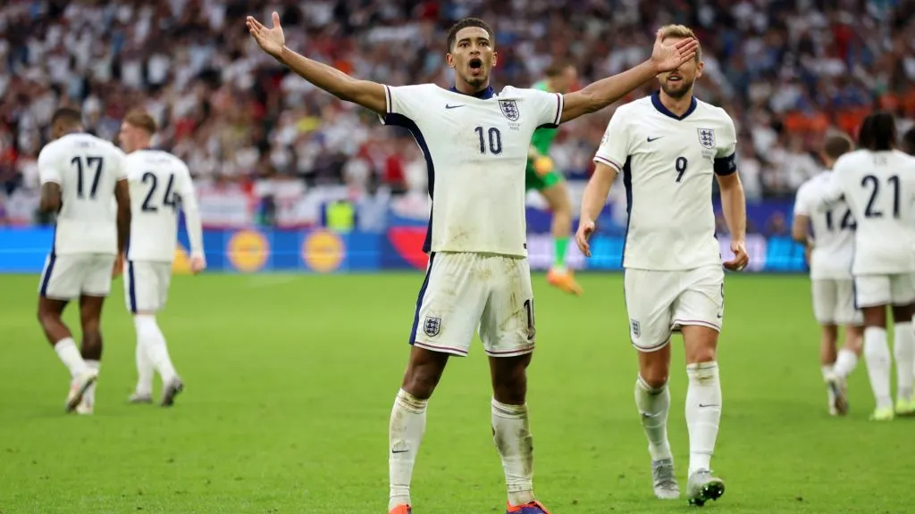 Jude Bellingham of England celebrates scoring his team’s first goal during the UEFA EURO 2024 round of 16 match between England and Slovakia at Arena AufSchalke on June 30, 2024 in Gelsenkirchen, Germany. Photo by Richard Pelham/Getty Images