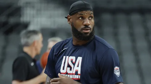 LeBron James #6 of the United States warms up before an exhibition game against Canada ahead of the Paris Olympic Games at T-Mobile Arena on July 10, 2024 in Las Vegas, Nevada. The United States defeated Canada 86-72.