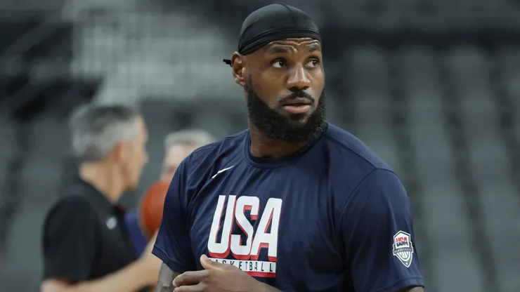 LeBron James #6 of the United States warms up before an exhibition game against Canada ahead of the Paris Olympic Games at T-Mobile Arena on July 10, 2024 in Las Vegas, Nevada. The United States defeated Canada 86-72.