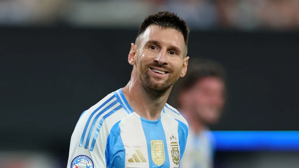 Lionel Messi of Argentina smiles during the CONMEBOL Copa America 2024 semifinal match between Canada and Argentina