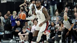 LeBron James #6 of the United States brings the ball up the court against Canada in the second half of their exhibition game ahead of the Paris Olympic Games at T-Mobile Arena on July 10, 2024 in Las Vegas, Nevada. The United States defeated Canada 86-72.