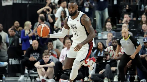 LeBron James #6 of the United States brings the ball up the court against Canada in the second half of their exhibition game ahead of the Paris Olympic Games at T-Mobile Arena on July 10, 2024 in Las Vegas, Nevada. The United States defeated Canada 86-72.