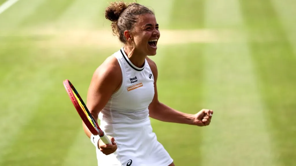 Jasmine Paolini of Italy celebrates winning match point as she plays against Donna Vekic of Croatia in the Ladies’ Singles Wimbledon Semi-Final. Francois Nel/Getty Images
