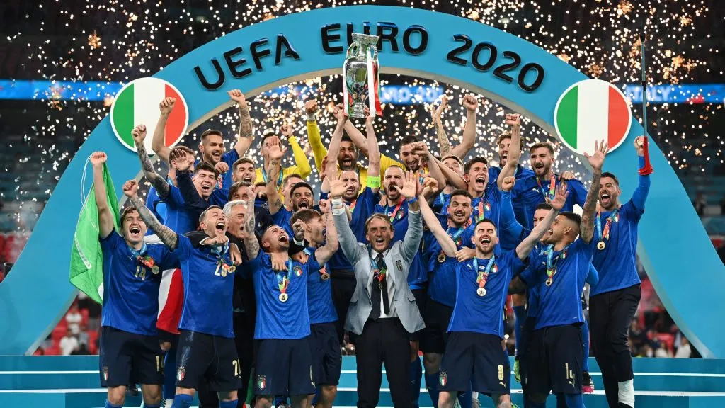 Giorgio Chiellini, Captain of Italy lifts The Henri Delaunay Trophy following his team’s victory in the UEFA Euro 2020 Championship Final between Italy and England. Michael Regan/UEFA via Getty Images
