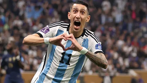 Angel Di Maria of Argentina celebrates after scoring the team's second goal past Hugo Lloris of France during the FIFA World Cup Qatar 2022 Final match between Argentina and France at Lusail Stadium on December 18, 2022 in Lusail City, Qatar