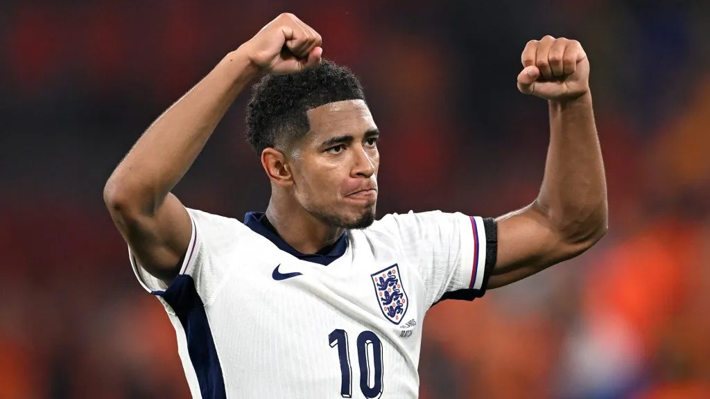 Jude Bellingham of England celebrates following the team’s victory in the UEFA EURO 2024 semi-final match between Netherlands and England at Football Stadium Dortmund on July 10, 2024 in Dortmund, Germany. Photo by Stu Forster/Getty Images
