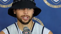 Stephen Curry #4 of the 2024 USA Basketball Men's National Team talks to members of the media after a practice session during the team's training camp.