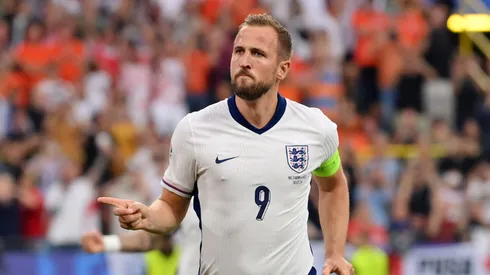 Harry Kane of England celebrates scoring his team's first goal from a penalty kick during the UEFA EURO 2024 semi-final match between Netherlands and England at Football Stadium Dortmund on July 10, 2024 in Dortmund, Germany.