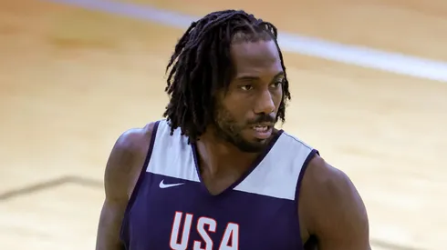 Kawhi Leonard #8 of the 2024 USA Basketball Men's National Team walks on the court after a practice session during the team's training camp at the Mendenhall Center at UNLV on July 08, 2024 in Las Vegas, Nevada.