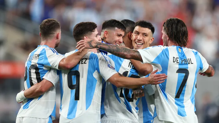 Lionel Messi of Argentina celebrates with teammates after scoring the team's second goal during the CONMEBOL Copa America 2024 semifinal match between Canada and Argentina