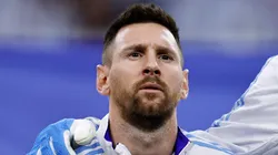 Lionel Messi of Argentina lines up for the national anthem prior to the CONMEBOL Copa America 2024 quarter-final match between Argentina and Ecuador at NRG Stadium on July 04, 2024 in Houston, Texas.