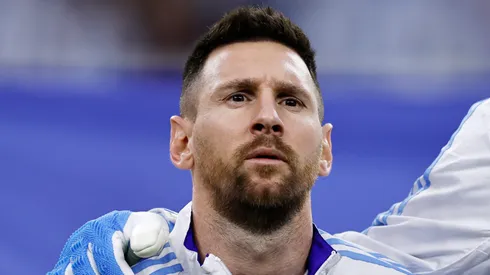 Lionel Messi of Argentina lines up for the national anthem prior to the CONMEBOL Copa America 2024 quarter-final match between Argentina and Ecuador at NRG Stadium on July 04, 2024 in Houston, Texas.