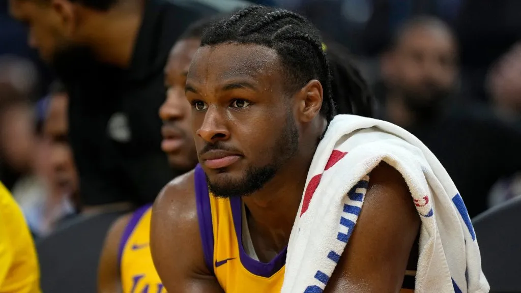 Bronny James Jr. #9 of the Los Angeles Lakers looks on from the bench during the first half of the 2024 California Classic summer league game against the Sacramento Kings. Photo by Thearon W. Henderson/Getty Images
