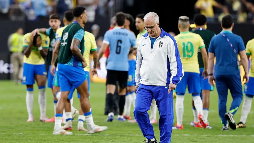 Head coach Dorival Junior of Brazil looks dejected after being eliminated following the CONMEBOL Copa America 2024 quarterfinal match between Uruguay and Brazil at Allegiant Stadium on July 06, 2024 in Las Vegas, Nevada