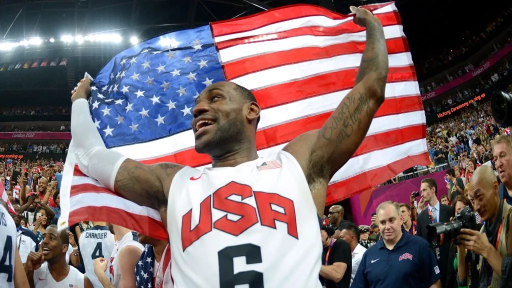 LeBron James #6 of the United States celebrates winning the Men’s Basketball gold medal game between the United States and Spain. Harry How/Getty Images