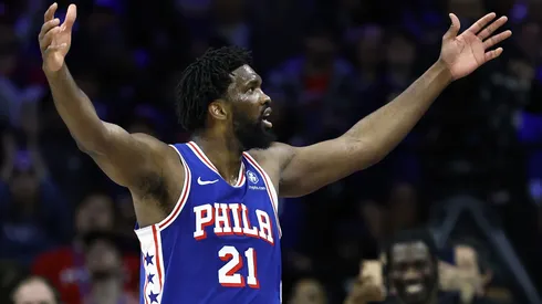Joel Embiid #21 of the Philadelphia 76ers reacts during the fourth quarter against the Denver Nuggets at the Wells Fargo Center