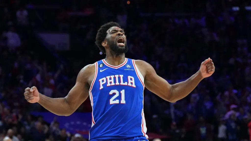 Joel Embiid #21 of the Philadelphia 76ers reacts against the Brooklyn Nets in the third quarter during Game Two of the Eastern Conference First Round Playoffs at the Wells Fargo Center. Mitchell Leff/Getty Images