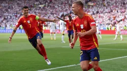 Dani Olmo of Spain celebrates scoring his team's first goal during the UEFA EURO 2024 quarter-final match between Spain and Germany at Stuttgart Arena on July 05, 2024 in Stuttgart, Germany.