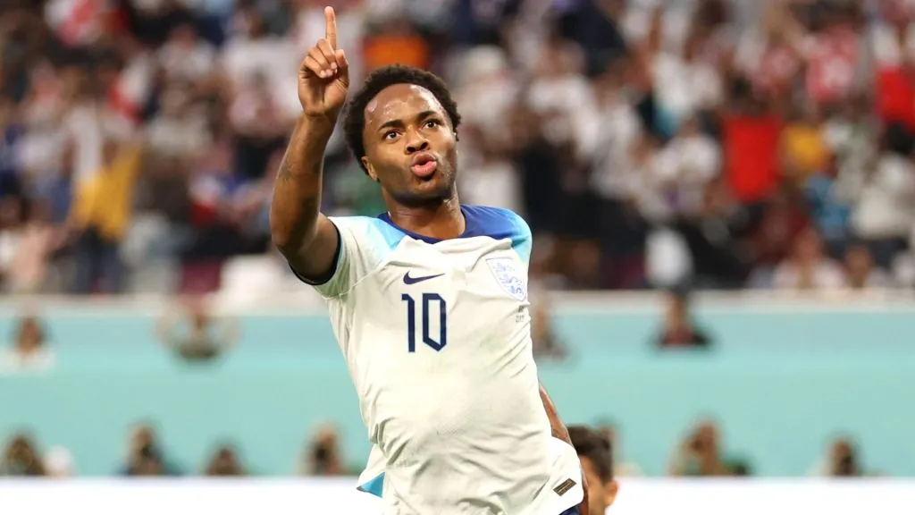 Raheem Sterling of England celebrates after scoring their team’s third goal during the FIFA World Cup Qatar 2022. Photo by Julian Finney/Getty Images.