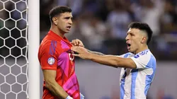 Emiliano Martinez and Lisandro Martinez of Argentina react after a missed penalty from Ecuador during the CONMEBOL Copa America 2024 quarter-final match between Argentina and Ecuador at NRG Stadium on July 04, 2024 in Houston, Texas.