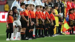 Players of Argentina line up for the national anthem prior to the CONMEBOL Copa America 2024 match between Chile and Argentina at MetLife Stadium on June 25, 2024 in East Rutherford, New Jersey.