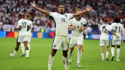 Jude Bellingham of England celebrates scoring his team's first goal during the UEFA EURO 2024 round of 16 match between England and Slovakia.