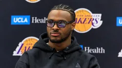 Bronny James, son of LeBron James and selected as the 55th pick in the second round, is introduced to the media as new LA Lakers players during a press conference, PK, Pressekonferenz on Tuesday, July 2, 2024, at the Los Angeles Lakers UCLA Training Facility in El Segundo, California.