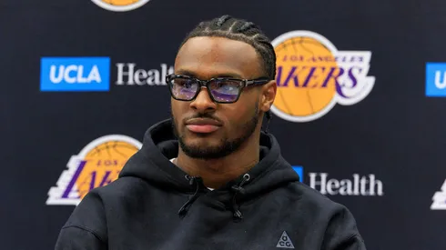 Bronny James, son of LeBron James and selected as the 55th pick in the second round, is introduced to the media as new LA Lakers players during a press conference, PK, Pressekonferenz on Tuesday, July 2, 2024, at the Los Angeles Lakers UCLA Training Facility in El Segundo, California.
