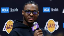 Bronny James #9 of the Los Angeles Lakers speaks with the media during a press conference at UCLA Health Training Center on July 02, 2024 in El Segundo, California.