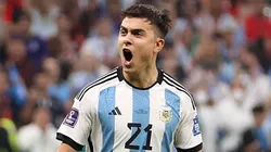 Paulo Dybala of Argentina celebrates converting his penalty during the FIFA World Cup Qatar 2022 Final match between Argentina and France at Lusail Stadium on December 18, 2022 in Lusail City, Qatar.