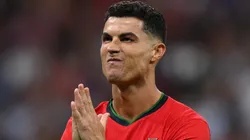 Cristiano Ronaldo of Portugal gestures to the crowd after scoring in the penalty shoot out during the UEFA EURO 2024 round of 16 match between Portugal and Slovenia.