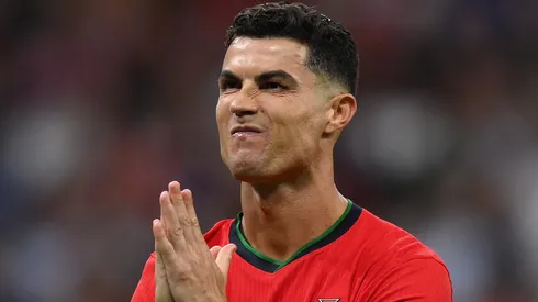 Cristiano Ronaldo of Portugal gestures to the crowd after scoring in the penalty shoot out during the UEFA EURO 2024 round of 16 match between Portugal and Slovenia.
