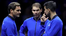 Roger Federer, Rafael Nadal and Novak Djokovic talking during the Laver Cup.